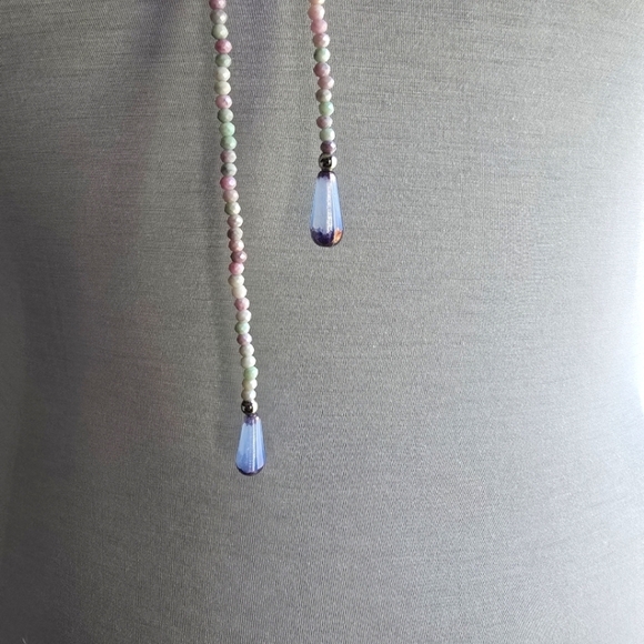 Elegant Multicolor Beaded Stone Lariat Necklace Purple Green Pink - Picture 7 of 9